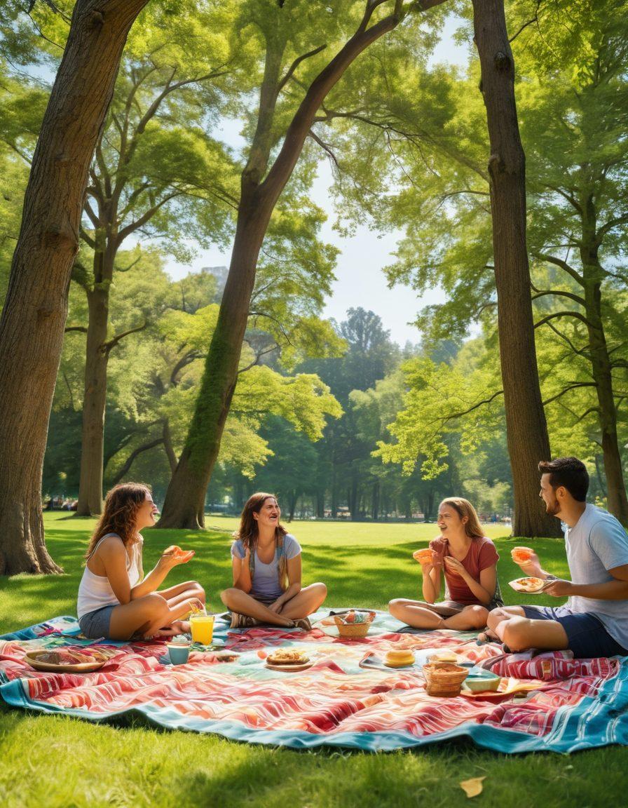A vibrant, dynamic scene of friends gathered in a sunny park, engaged in various entertaining activities like frisbee, picnic games, and group storytelling. Colorful blankets spread out with delicious snacks, laughter in the air, and an adventurous spirit reflected in their faces. In the background, a picturesque view of mountains and trees adds to the sense of adventure. super-realistic. vibrant colors. outdoor setting.