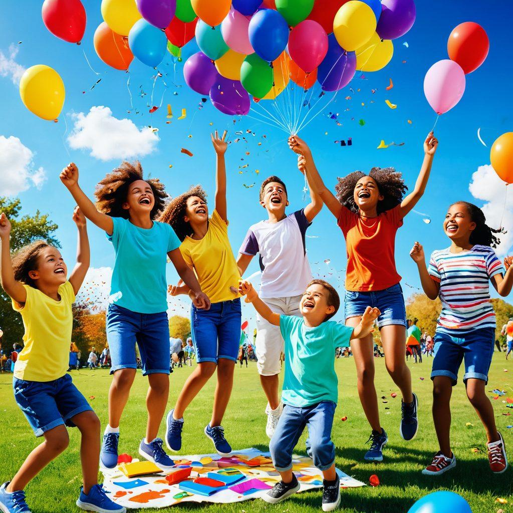 A vibrant collage of varied games and activities, featuring children and adults laughing and engaging in playing board games, flying kites, and enjoying outdoor sports, surrounded by colorful balloons and confetti. The scene radiates joy and excitement, with a sunny blue sky in the background. super-realistic. vibrant colors. white background.
