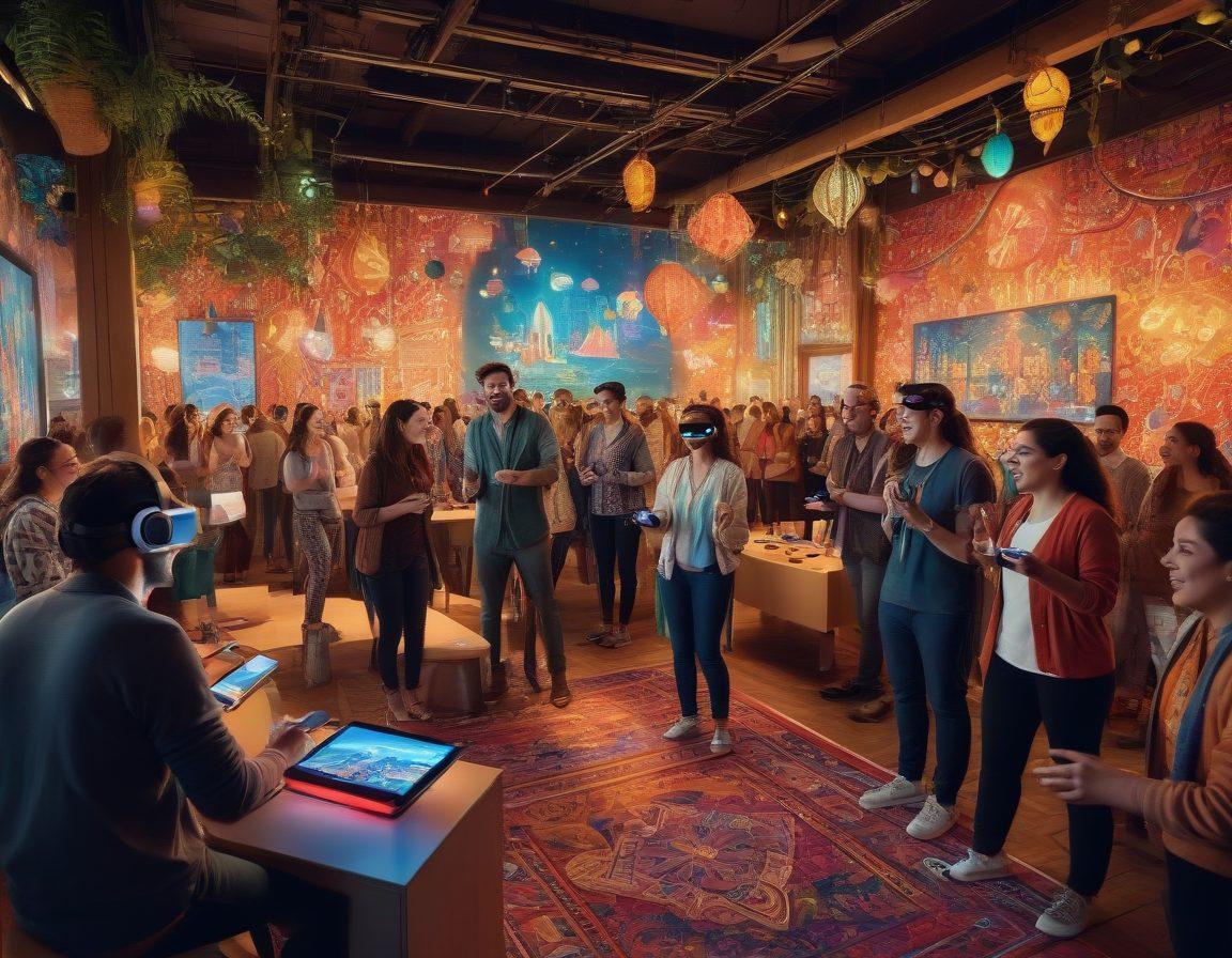 A lively scene depicting diverse groups of people engaging in various interactive entertainment activities, such as games, virtual reality, and group performances, all surrounding a vibrant and colorful background filled with joyful expressions. The atmosphere should radiate warmth, laughter, and connection, showcasing both technology and human interaction in a harmonious way. The image must feel dynamic and inviting, with a hint of whimsy in its design. super-realistic. vibrant colors. 3D.